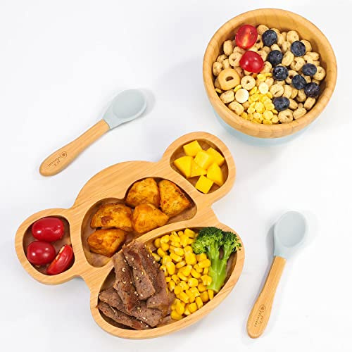 Vinsani Bamboo Monkey Plate Bowl and Spoon Set for Baby Toddler Kids Children, Suction Plate, Stay-Put Non-Slip Base Design, Hypoallergenic, Food-Grade Silicone and BPA-Free Baby Feeding Set (Grey)