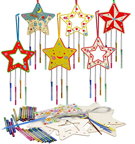 WEDNOK 11 Stück Stern Bastelset für Kindergeburtstage Holz Windspiel Klangspiele Bastelhandwerk zur Gestaltung von Sternen Geschenke für Jungen und Mädchen Geschenke Einshulung Schule