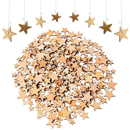 Mini Holzsterne, Gemischt Kleine Holz Sterne,Stern Holzscheiben zum Basteln und Dekorieren, Verschönerung Holzstern für Weihnachtsbaum Anhänger Hochzeit DIY Baumschmuck,50pcs