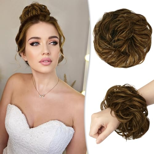 RUWISS Unordentlicher Haarteil 100% Echthaar Rose Dutt für Frauen Echthaar Scrunchies Hochsteckfrisur Haarteile Gelockt Bun Verlängerung(Goldkastanie mit Hellgoldblonden Strähnchen)
