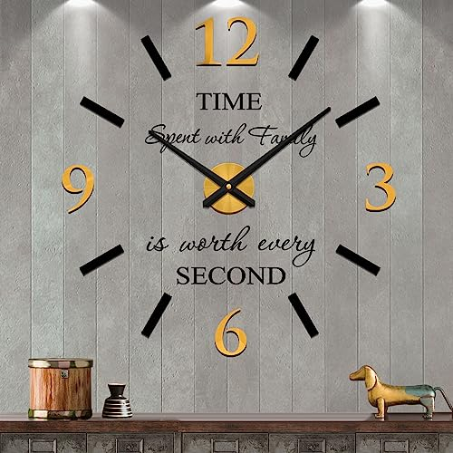 VANGOLD Reloj de Pared Grande de Bricolaje 3D sin Marco Pegatina de Pared Reloj de Pared Ideal para Decorar una Pared en Blanco en un Salón, Una Cocina o un Hotel (Negro Oro-104)
