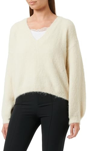 faina Women's Damen Temperament tiefer V-Ausschnitt Loser Design WOLLWEISS Größe XS/S Pullover Sweater