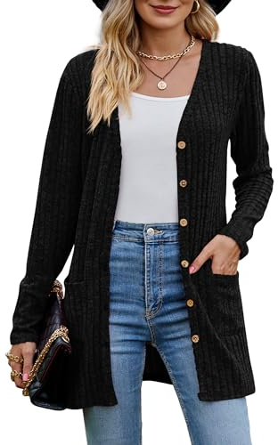 MYCOLORBLUE Alte Zeiten Strickjacken für Damen Elegant Cardigan Gerippt Langarm Knopfleiste mit Taschen Strickcardigan Schwarz M