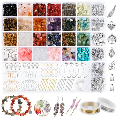 I LOVE MOM Natürliche Edelstein Perlen, Schmuck Selber Machen Edelsteine zum Auffädeln Naturstein Perlen Set Armbänder Selber Machen Perlen für Armbänder Kinder, Erwachsener zu Weihnachten