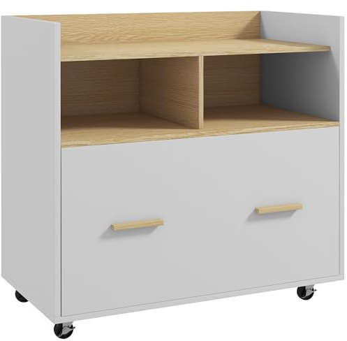 Vinsetto Cajonera de Oficina Armario Archivador Móvil Cajonera Escritorio con Ruedas Cajón Barras Colgantes para Tamaño A4 y 2 Compartimientos para Estudio Salón 76x40x75,5 cm Roble y Blanco