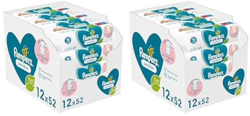 Pampers Sensitive Baby Feuchttücher, 624 Tücher (12 x 52), ohne Duft, für eine sanfte und weiche Reinigung (Packung mit 2)