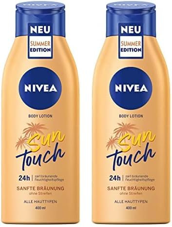 NIVEA Sun Touch Body Lotion (400 ml), Pflegelotion mit sanftem Bräunungseffekt ohne Streifen, feuchtigkeitsspendende Körpercreme mit Ginkgo-Extrakt und Traubenkernöl (Packung mit 2)
