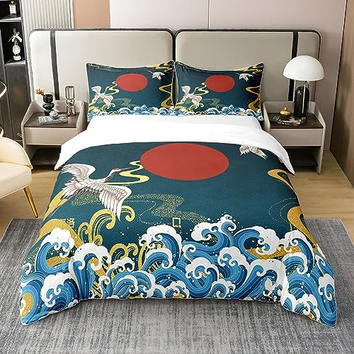 Loussiesd Japanische Ukiyoe Baumwolle Bettwäsche Set Super 135x200cm Hokusai Muster Betten Set für Kinder Betten Set Frauen Männer Jugendliche Wave Muster Dekor Bettwäsche Set