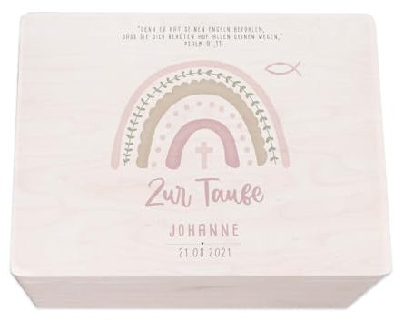 hellomini Taufgeschenke - Personalisierte Erinnerungsbox Taufe aus Holz - Taufgeschenke für Mädchen - Taufgeschenke Jungen - Taufe Geschenk (Regenbogen rosa Druck, S: 30x20x14cm)