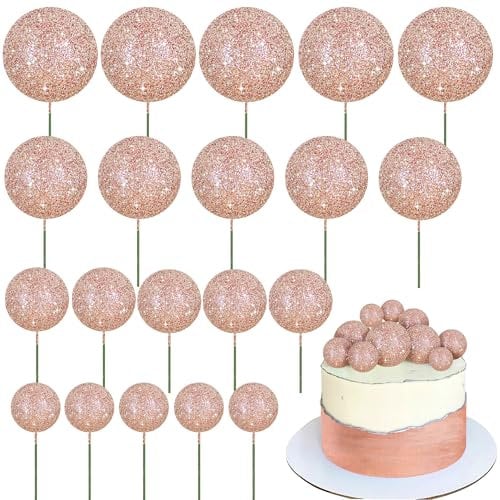 BEISHIDA 20 PCS Rose Gold Glitter Bling Mini Ball Cake Toppers Foam Cake Balls Decoration Supplies for Happy Birthday Anniversary Wedding Baby Shower Graduation Christmas Cake Decorations