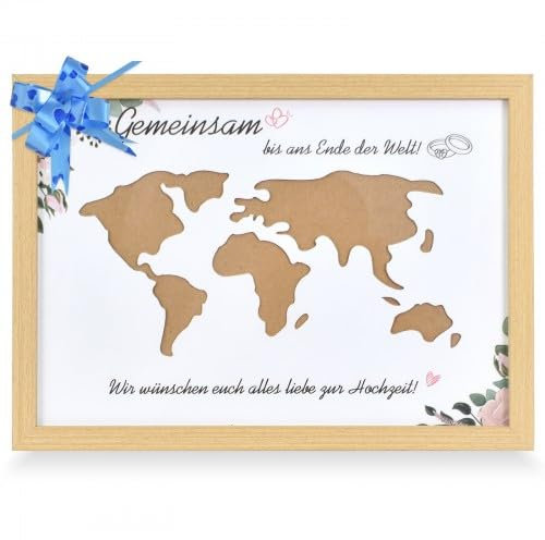 Dokeno Weltkarte Bilderrahmen Geldgeschenk, Hochzeitsgeschenke Geld Verpackung Echtholz Bilderrahmen, Bilderrahmen Hochzeit Geldgeschenk, Geldgeschenk für Brautpaar Personalisiert