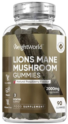 Melena de León 2000mg - 90 Gominolas Sabor Frambuesa - 3 Meses de Suministro - Gummies de Extracto de Lions Mane - Suplemento Apto para Veganos, sin OGM, sin Gluten