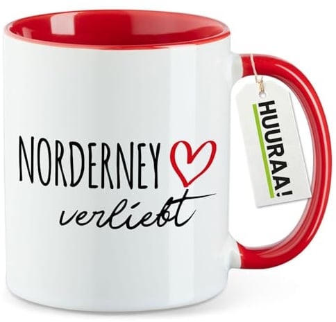 Huuraa Kaffeetasse Norderney verliebt Geschenk | Motivtasse 330ml Rot Keramik Tasse mit Spruch Kaffeebecher Geschenkidee Becher mit Motiv