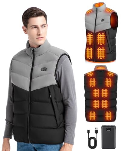 BEKOMIYA Heated Gilet for Men with 16000mAh 7.4V Power Bank, Lightweight Heated Jacket, USB Electric Jacket with 3 Temperature Levels, Winter Thermal Vest for Outdoor, Camping