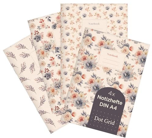 etmamu 1032 4er-Set Notizheft A4 | Blumen Muster Aquarell Rosen Zweige | für Notizen, Skizzen, Bullet Journal & Planungen | Punktraster