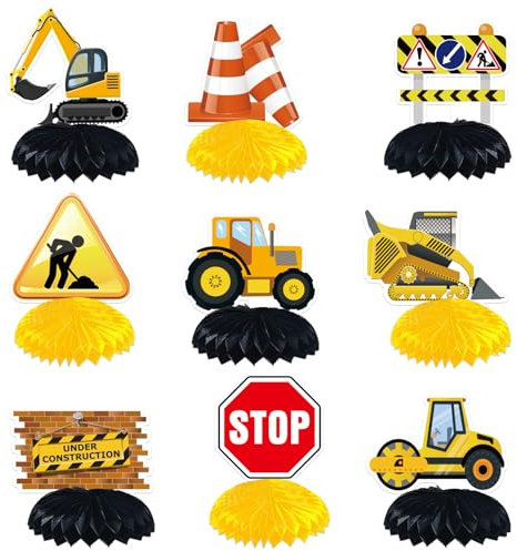 9 Stück Baustelle Geburtstag Deko Tischdeko Bagger Deko Kindergeburtstag, Bagger Geburtstag Deko Baufahrzeug Bienenwabe Mittelstücke Fahrzeuge Dekoration für Kinder Jungen Partyzubehör Kinderparty
