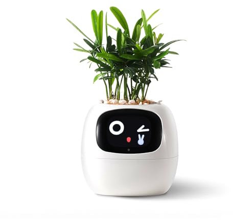 Intelligent Plant Robot with Emojis for Plant Care, Charming Plant Companion with Comprehensive Gesture Interaction, Garden Pot as a Gift for the Desk (White)