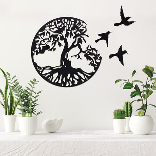 Figarge Metall Wandbild Baum des Lebens mit Vögeln,Wanddeko Schwarz für Innen & Außen