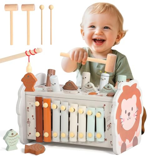 Montessori Spielzeug ab 1 Jahr - 4 in 1 Motorikspielzeug Kinderspielzeug Holzspielzeug ab 1 Jahr-Hammerspiel Xylophon Kinder ab 1 Jahr Geschenk Geschenke zum 1 Geburtstag für Kinder Mädchen Junge