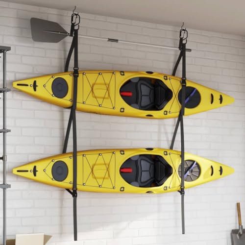 qohoio 156340 Double Kayak Storage Straps with Paddle Clips 50 kg Kayak Rack - Hanging Storage from Wall or Ceiling for Surfboards, Paddleboards, SUP, or Canoe - Adjustable Kayak Straps