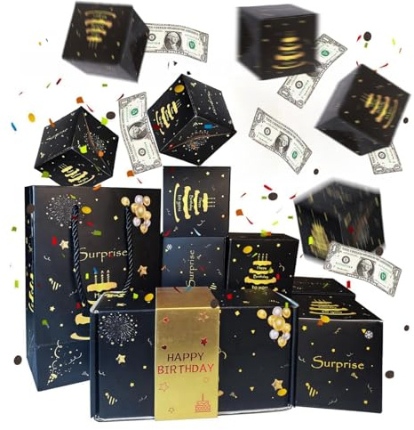 Birthday Surprise Money Explosion Box,Black Gold Pop Up Cash Gift Box 10Pcs Exploding Bo x with Confetti,Folding Bouncing Cash Boxes Funny Money Boxes for Cash Gift 18th Birthday Gifts for Boys