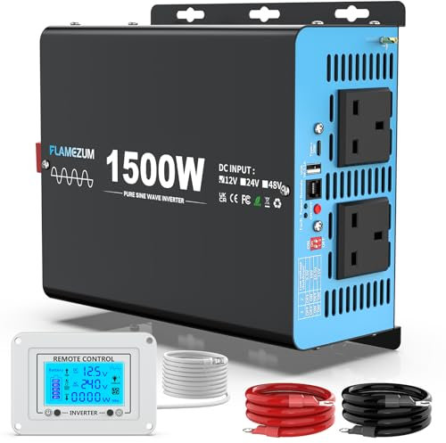 FLAMEZUM 1500w/3000w Peak Pure Sine Wave Power Inverter DC 12V to AC 240V Voltage Converter with 2 AC Outlets,1 USB-A Port,1 USB-C Port,LCD Remote Control,for Motorhomes,Trucks,Boats,Camping