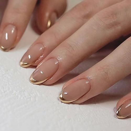 French Tip Press on Nails Medium Almond Shape, 24Pcs Acrylic Fake Nails with Gold Border Design Nude Glossy Elegant False Nails, Reusable Artificial Full Cover Stick on Nail for Women Girls 12 Sizes