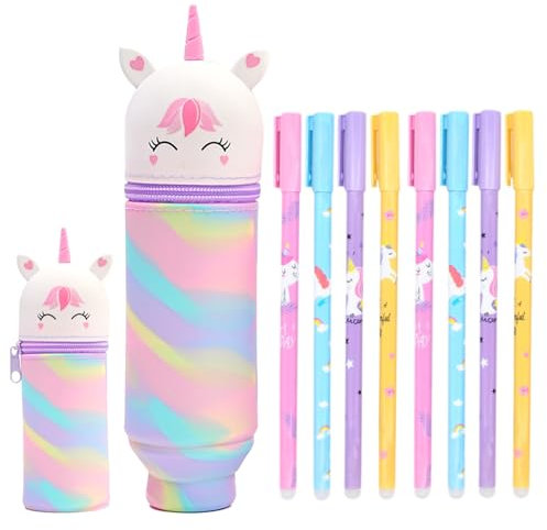 Federmäppchen Mädchen Einhorn,Kawaii Federmäppchen Stift Set,2-in-1 Federmäppchen und 8pcs Kugelschreiber,Cartoon Stifte Legami Mäppchen mit Reißverschluss für Mädchen Jungen Kinder Schulbedarf