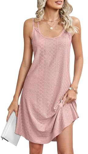 Robe de Plage Ample et légère pour Femme, col Rond, sans Manches, Bretelles Spaghetti, Broderie œillets, décontractée