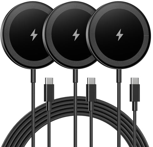 Magnetic Wireless Charger Charging Pad: 15W Qi Fast Portable Mag Charger for Apple iPhone 16e 16 15 14 13 12 Series & AirPods 4 3 2 Pro - with USB-C/A Dual Ports for Home Travel Office, 3Pack Black