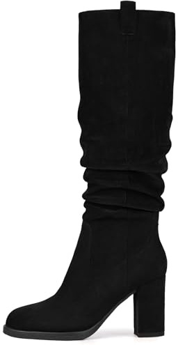 Pasuot Suede Knee High Boots for Women - Black Tall Chunky High Heel Dress Boot with Side Zipper, Round Toe Ruched Slouch Block Long Boots for Ladies, Stylish Fall Boot for Work, Party Size 8
