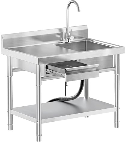 Spültisch edelstahl freistehend mit Schublade – Profi Spülbecken mit Arbeitsfläche, 360° Wasserhahn, Ablage & Unterschrank, Gastro Spüle für Küche, Gastronomie, Garten & Waschküche