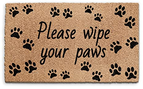 Hairyworm Paw Prints Doormat (45cm x 75cm) Small, Dog Cat Paw Prints Please Wipe Your Paws Front Door Mat, Coconut Core Fibre Heavy Duty Mat, Rug, Indoor Natural Coir Mat, Wide