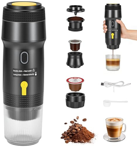 Yigowyigo Mini Kaffeemaschine für unterwegs, 3 in 1 Akku Kaffeemaschine mit USB, Tragbare Espressomaschine für Auto Reise Camping Wohnmobil, Kompatibel mit Kapseln & gemahlenem Kaffee