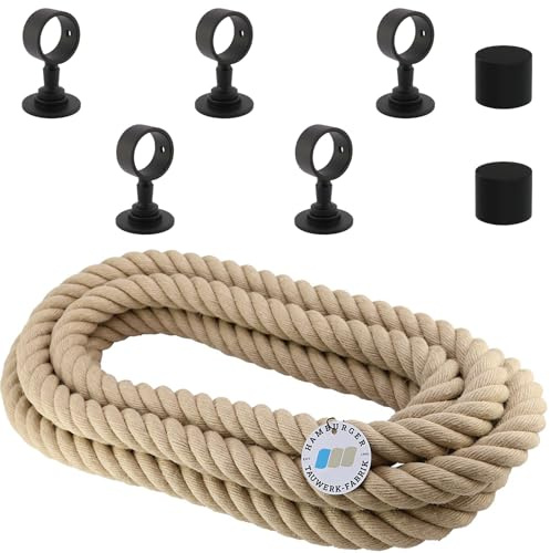 Kit de corde de main courante Ø 30 mm – 5 m de corde en polychanvre « Nature Touch » couleur naturelle avec 2 embouts et 5 supports de corde, noir mat, escalier et balustrade
