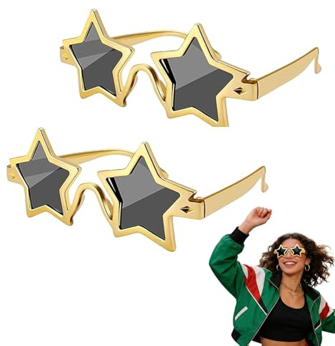 Wcawnlt Klare Sicht Sternbrille Gold 2 Stk Partybrille Leicht Metallischer Glanz Sternenbrille für Karneval Fasching Party Damen Herren Spaßbrille Pentagramm Sonnenbrille Foto Requisiten Set