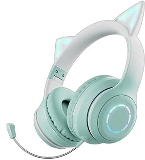 Increfunhome Wireless Cat Ear Headphones with LED Lights, 14 Hour Playtime, Stereo, Foldable (Green)