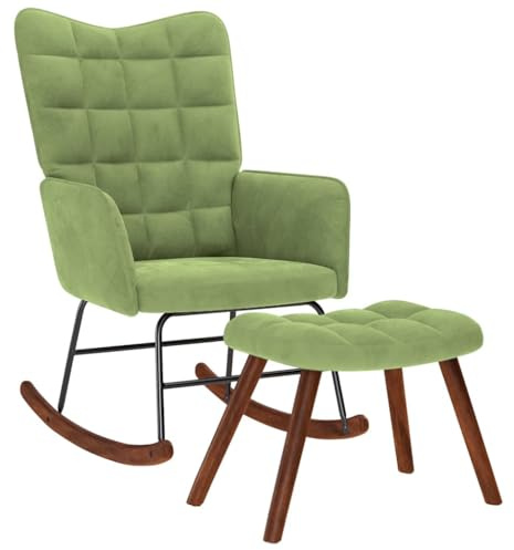LoogCape Hellgrüner Samtschaukelstuhl mit Hocker Relaxsessel Wipp- und Lounge-Sessel für Wohnzimmer Schlafzimmer Kinderzimmer Balkon, bequemer Stillstuhl mit Armlehnen und Holzfüßen