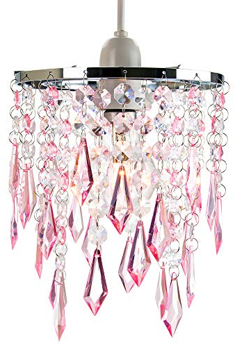 Modern Waterfall Design Easy Fit Pendant Shade with Clear/Pink Acrylic Droplets and Beads - Chrome Metal Rings - 16cm Diameter by Happy Homewares