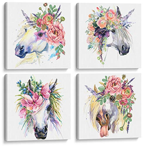 Something Unicorn Gestreckt/gerahmt, fertig zum Aufhängen Leinwand Leinwand Kunst für Mädchen Schlafzimmer. 4er Set. 12x12in - Blumeneinhorn