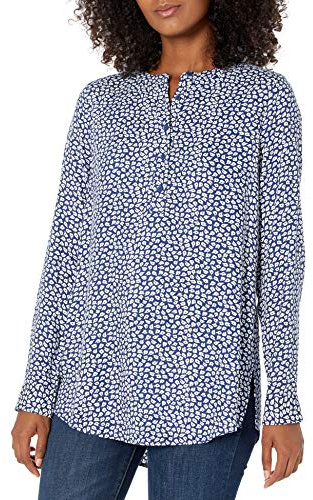 Amazon Essentials Women's Long-Sleeve Woven Blouse, Navy White Petals, M