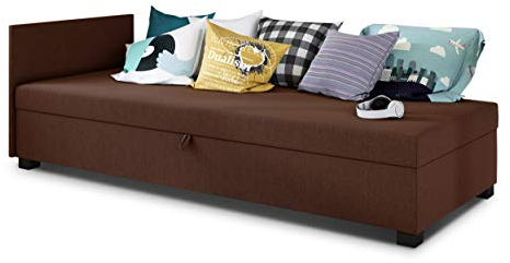 Sofa Misti II - Einzelbett, Schlafsofa mit Bettkasten, Bettsofa, Farbauswahl, Bettgestell, Komfortbett, Bett für Jugendzimmer, Schlafmöbel (Braun (Lux 12))