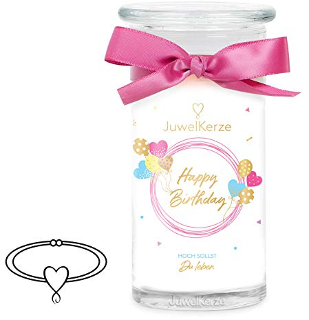 JuwelKerze Happy Birthday Armband Silber - Schmuckkerze 80 Std - große Duftkerze mit Süßem Duft - weiße Kerze mit Schmuck Überraschung - Geschenke für Frauen, Geburtstag