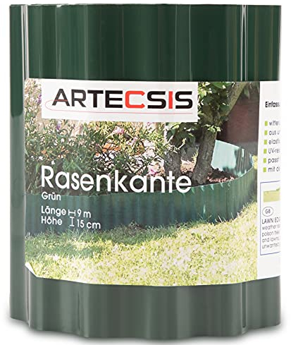 ARTECSIS Rasenkante aus Kunststoff, 9 m x 15cm, gewellt, Umrandung für Beete, Beeteinfassung, Grün