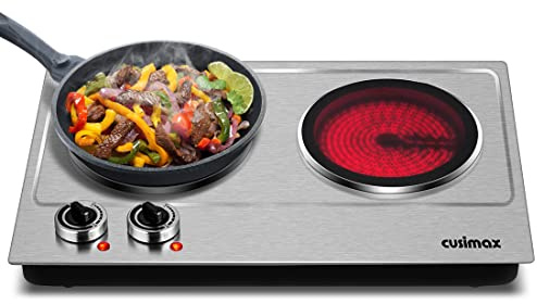 Double Burner, CUSIMAX 1800W Ceramic Electric Hot Plate for Cooking, Dual Control Infrared Cooktop, Portable Countertop Burner, Glass Plate Electric Cooktop, Silver, Stainless Steel-Upgraded Version