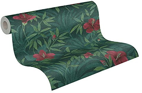 A.S. Création Blumentapete Cuba Tapete floral natürlich Vliestapete grün rot leicht glänzend matt fein strukturiert 380281 38028-1, 10.05 m x 0.53 m