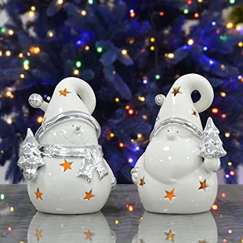Set of 2 Christmas Tealight Candle Holders Ceramic Snowman Santa White Silver
