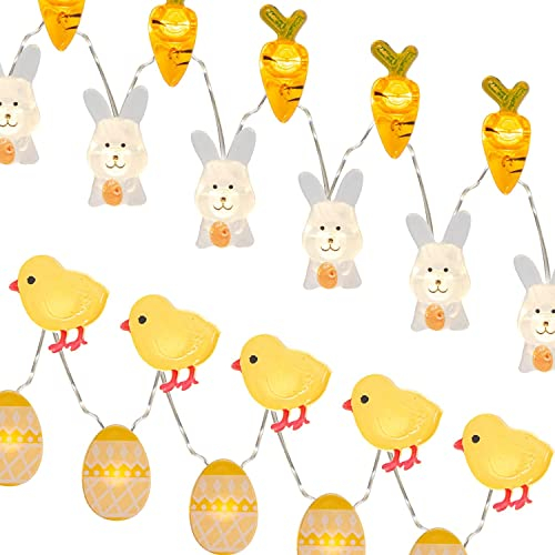 Vanthylit Set of 2 Easter Lights 3M 30 LED Easter Egg Chicken Bunny and Carrot Fairy Lights Battery Operated Decorative Lights for Bedroom Home Party Table Decorations (Warm White)