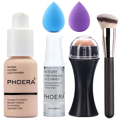5PCS Liquid Foundation Set Matte Liquid Full Coverage Foundation with Face Primer Foundation Brush Makeup Sponge Makeup Set (# 101)