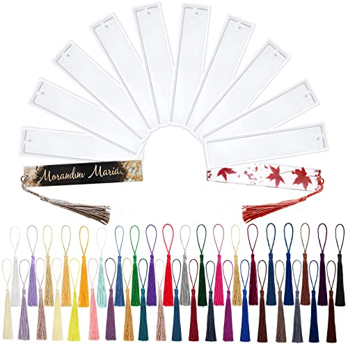 50 Moldes de Resina Epoxi para Marcapáginas - 10 de Silicona Con 40 Borlas Coloridas - Transparente para Decoración de Manualidades